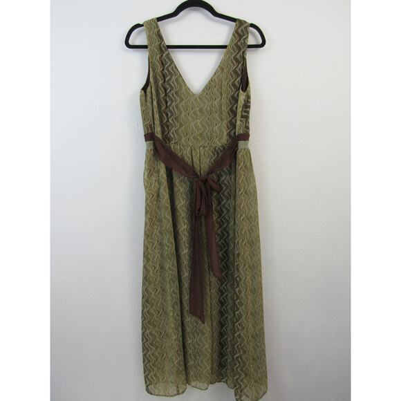 Jonathan Martin Size 12 Olive Green and Brown Midi Dress Fit and Flare V Neck - Picture 9 of 10